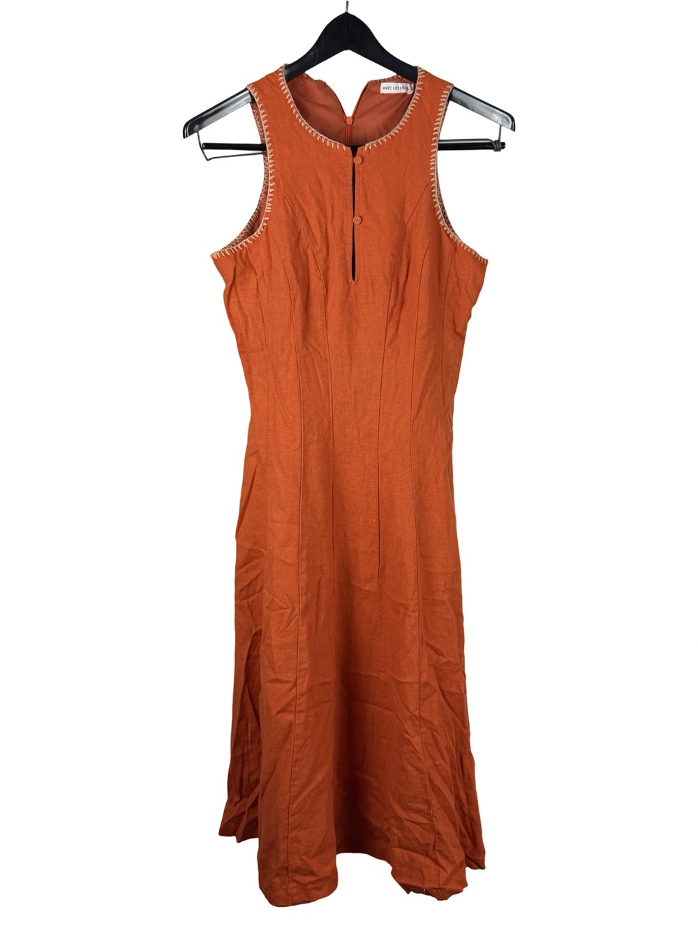 Womens Avec Les Filles Maxi Linen Cute Orange Contrast Stitch Dress Size 6